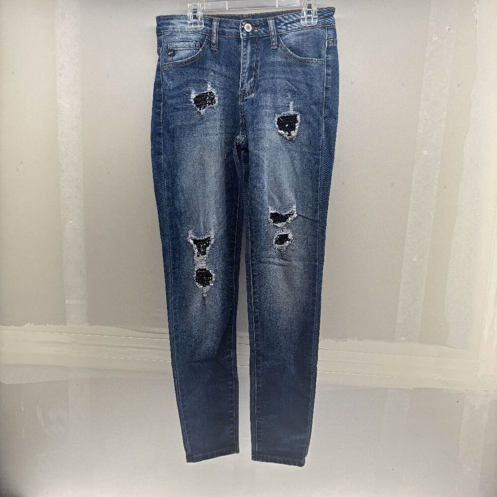 Kancan Women Size 27 28x28 Jeans Black Sequin Patch Mid-Rise KC5121D‎ NWOT